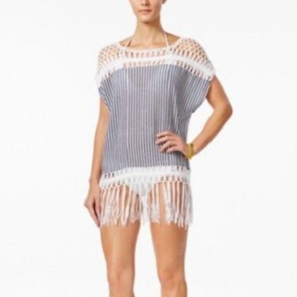 Boho Beach Coverup - One Size - Crochet Tassels - blue and white - NWOT
